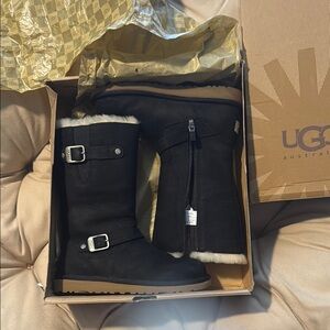 UGG Black Leather Boots with Shearling Lining